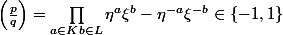 \left(\frac{p}{q} \right)=\prod_{a\in K b \in L}{ \eta^a\xi^b-\eta^{-a}\xi^{-b} \in \{-1,1\}